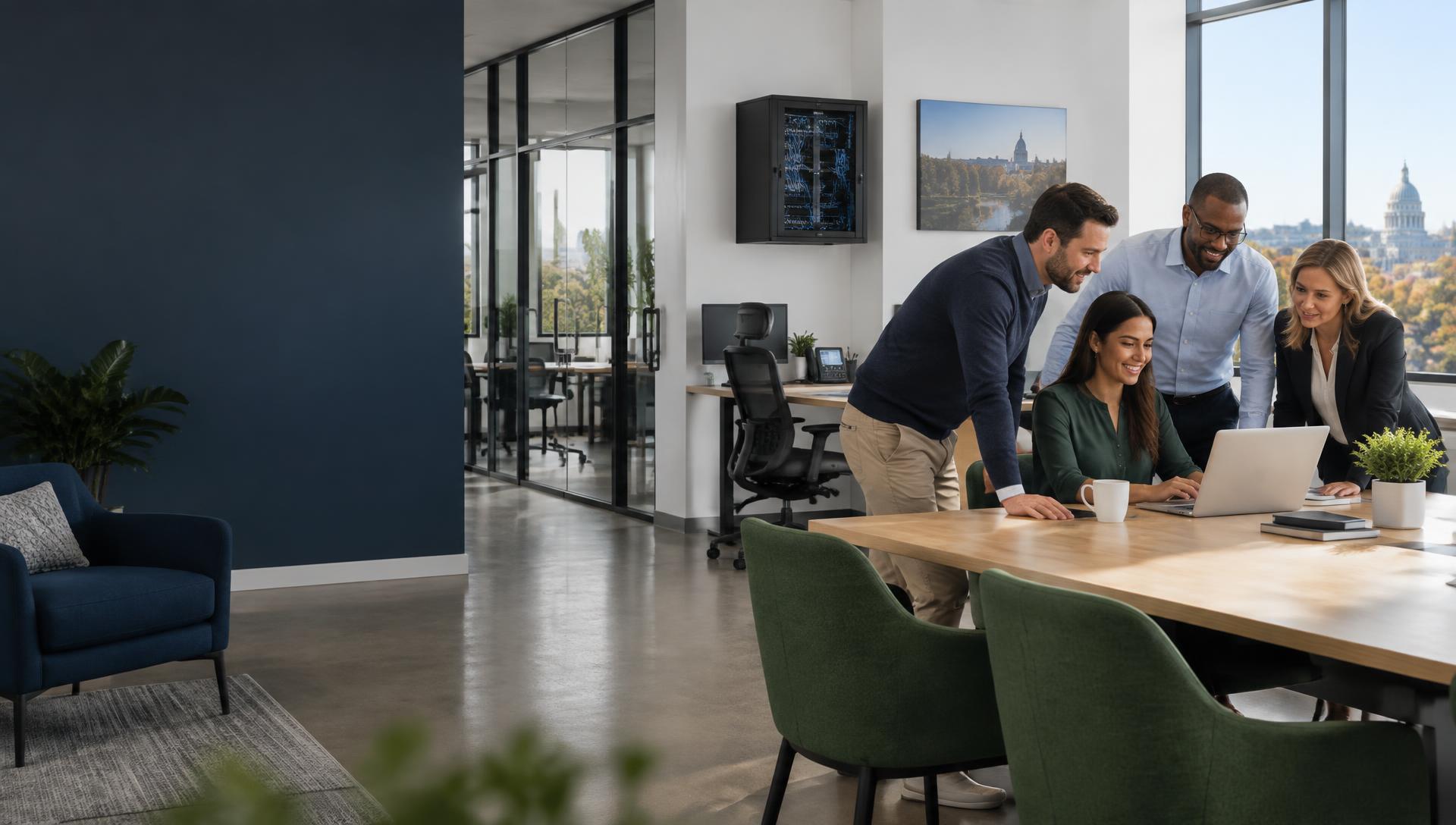 A connected business team collaborating in a modern Connecticut office